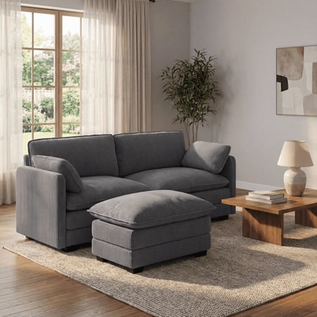 Aiho 75" Modern Corduroy Sofa Couch with Movable Ottoman, Deep Seat, Double Layer Cushions, Machine Washable Cover, Soft & Skin Friendly - Grey