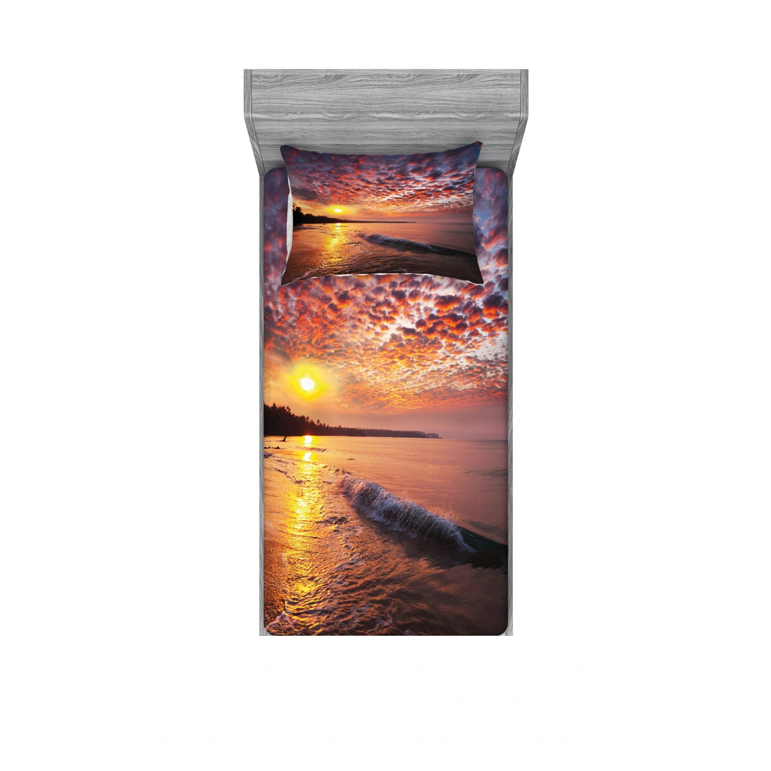 Landscape Bedding Set With Sheet Covers Photo Of Sunrise With Cloudy Sky At Seashore Dramatic Dawn Island Forest Printed Bedroom Decor 2 Shams 4 Sizes Orange Mauve Blue By Ambesonne
