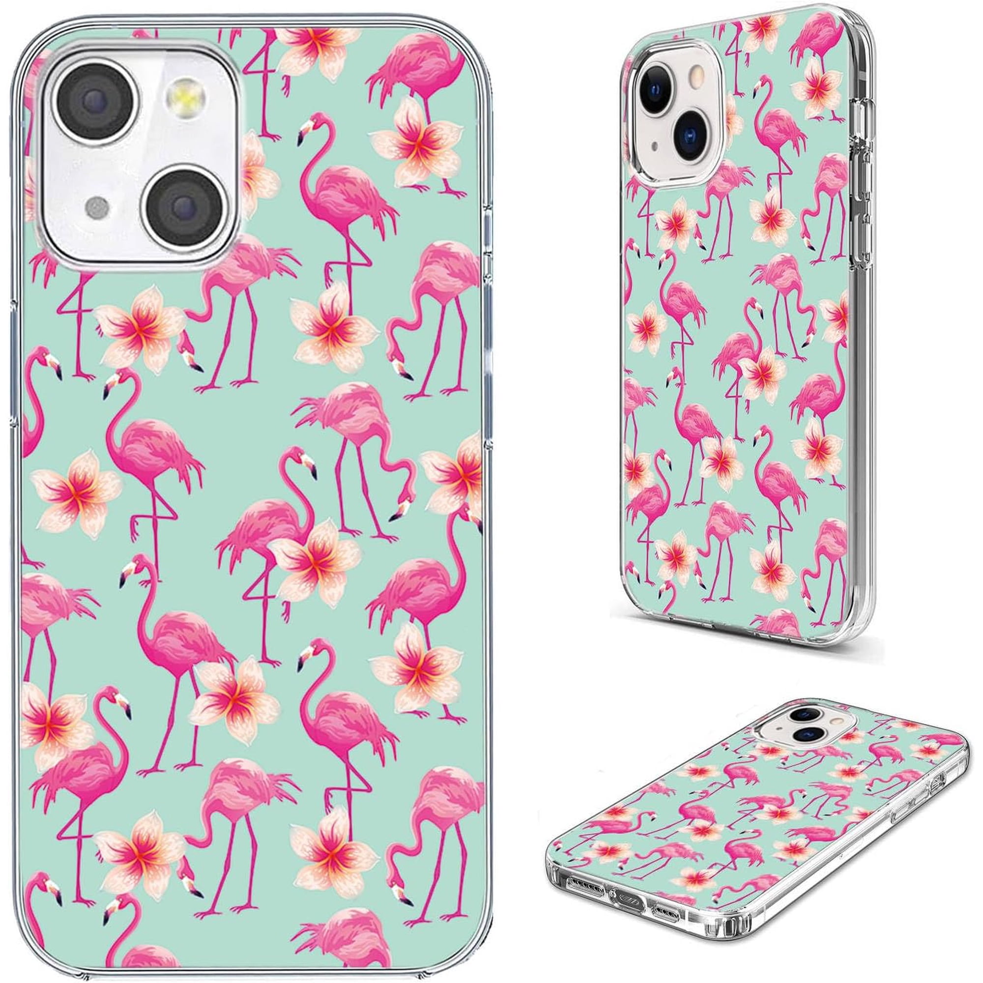 for iPhone 14 Case, iPhone 13 Case for Women Girl Men, Full Protective Shockproof Slim Soft TPU Clear Phone Cover Cases for iPhone 14/13 6.1, Cute Cartoon Animal Bird Pink Flamingo Flower Floral