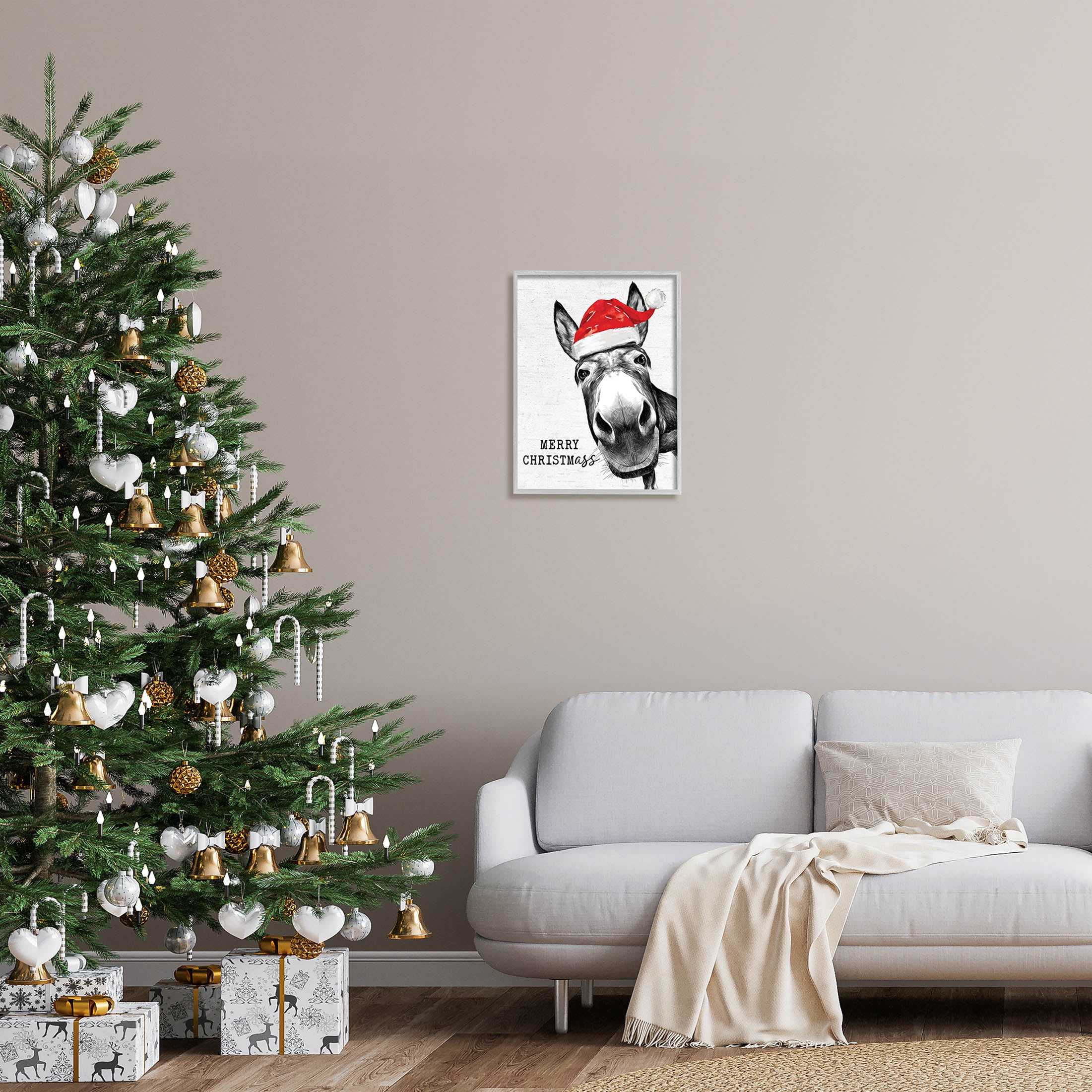 Stupell Industries Merry Christmass Funny Donkey Graphic Art Gray Framed Art Print Wall Art, Design by Lettered and Lined