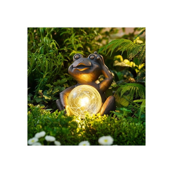 Frog Statue for Garden Decor - Solar Resin Figurine with Crackle Glass Globe and Textured Sculpted Detail - Outdoor Patio Accent for Front Porch and Yard Art Display - 7", Bronze & Copper