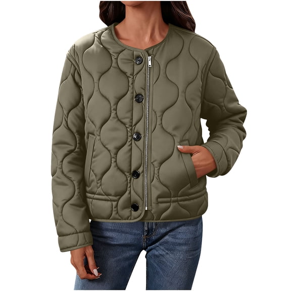 Uaswgudfs Women's Burgundy Quilted Jacket, Long Sleeve No-Hood Casual Winter Coat with Pockets - Trendy Outerwear Green L