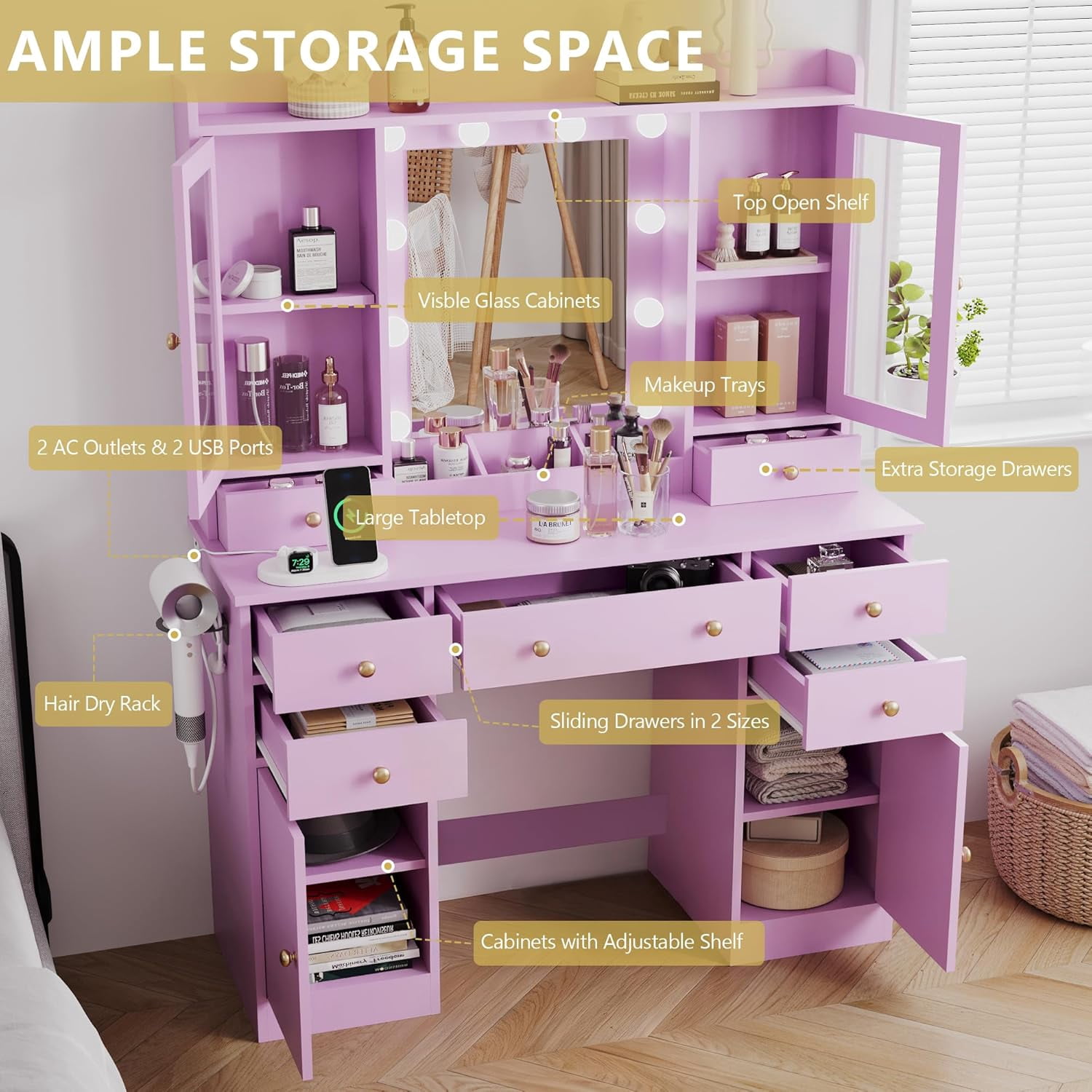 FANRAL 43.7" Vanity Desk with 10 Mirror Lights & Under-Table RGB,Charging Station & Hair Dryer Holder,Multi-Storage Dressing Table for Bedroom Bathroom,Purple Vanity