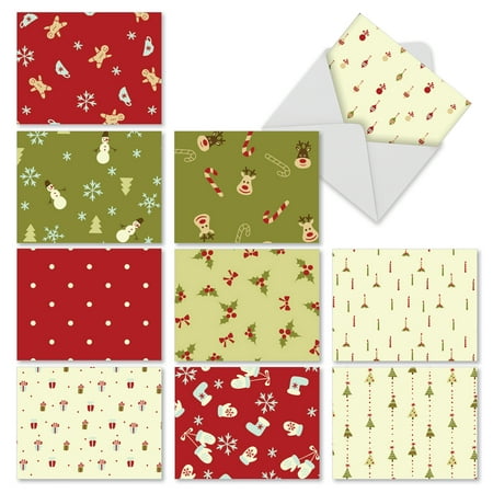 M3957 SEASON'S PATTERNS' 10 Assorted All Occasions Notecards Featuring A Variety Of Whimsically Illustrated Holiday Icons with Envelopes by The Best Card