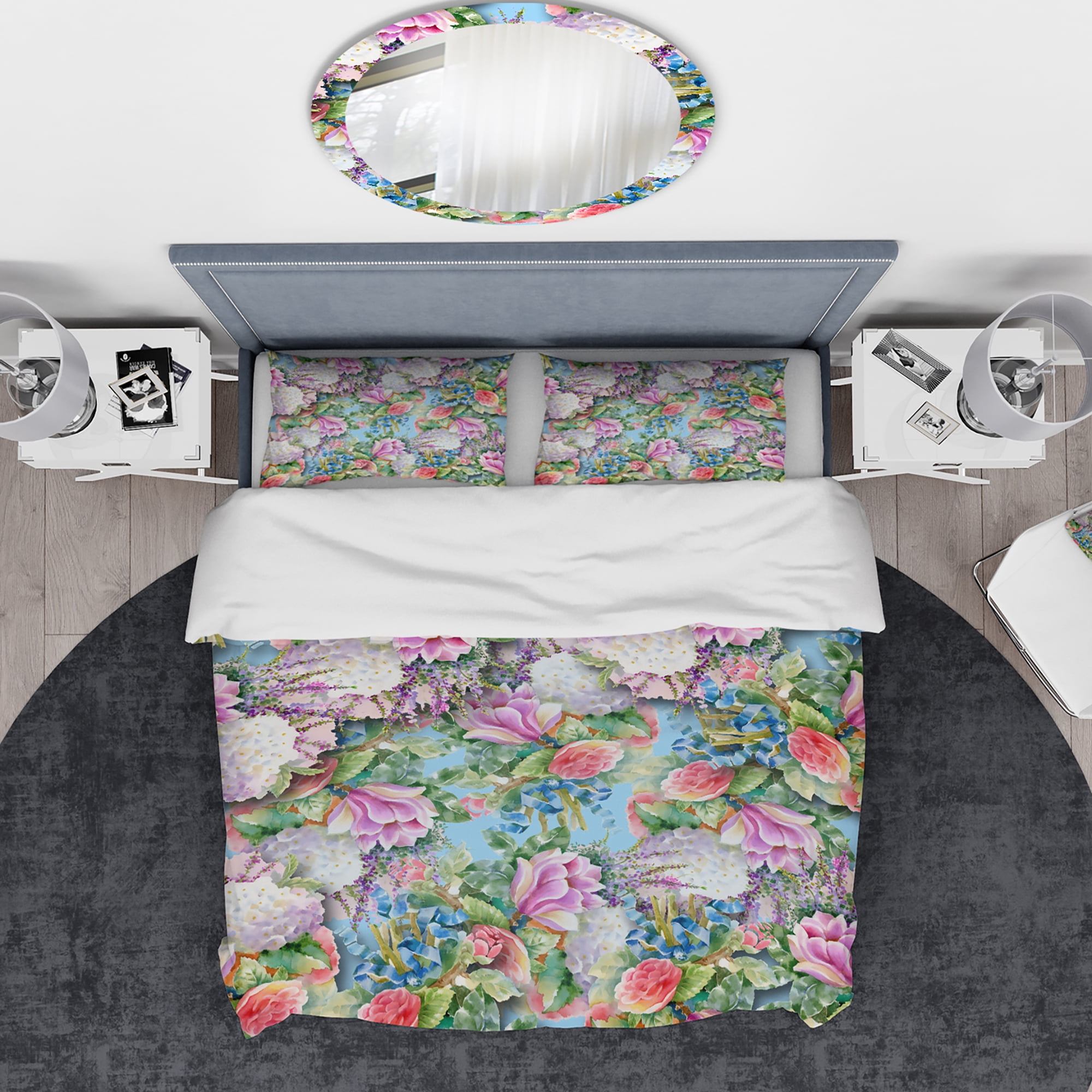Designart 'Pink Flower Pattern on Blue' Vintage Duvet Cover Set