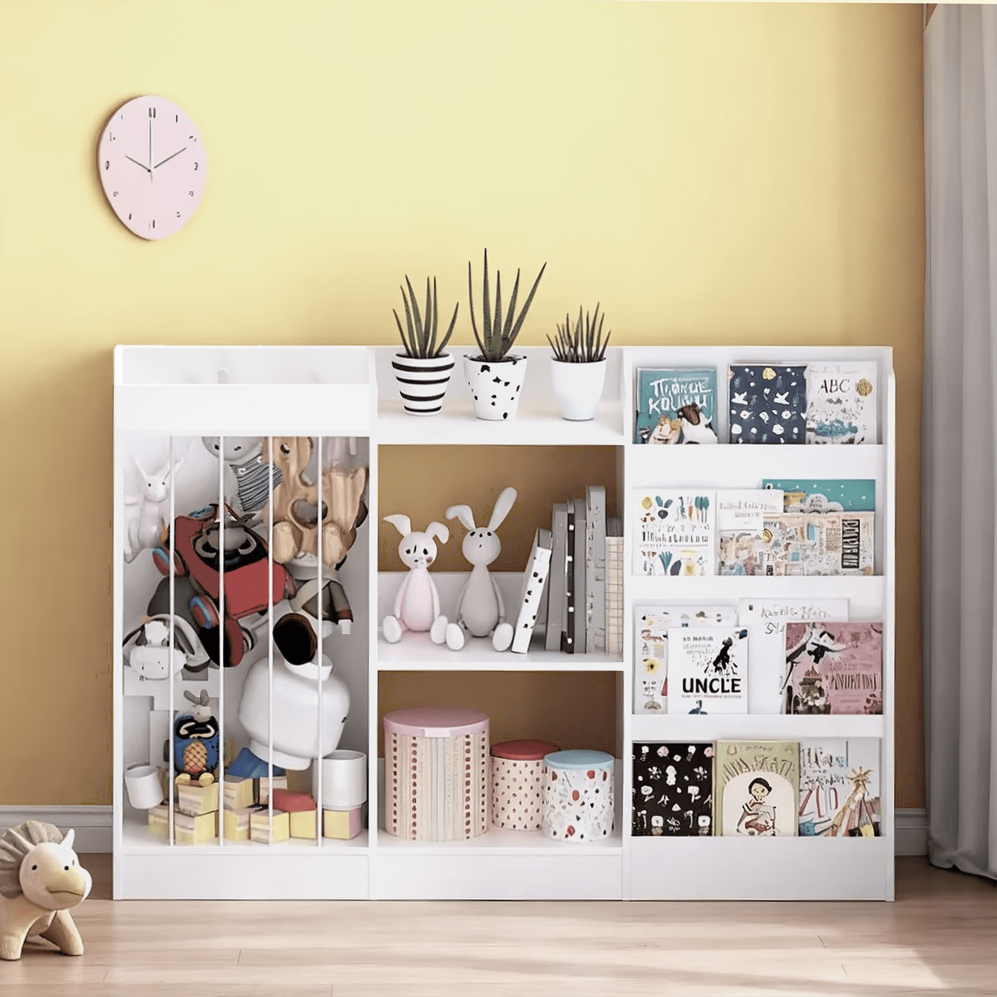 3-Tier Kids Bookshelf, Sling Montessori Bookcase with Stuffed Animal Storage, Particleboard & MDF Toddler Organizer with Anti-Tip Strap for Nursery Playroom Kindergarten