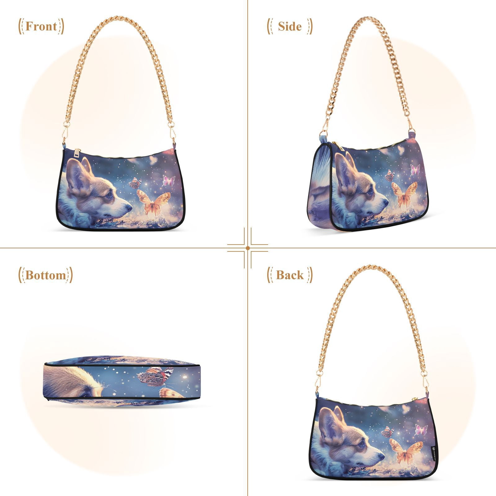 Corgi and Butterflies DogWomen Small Shoulder Bag Crossbody Tote Hobo Bags Purse Clutch Handbags with Chain Strap for Women