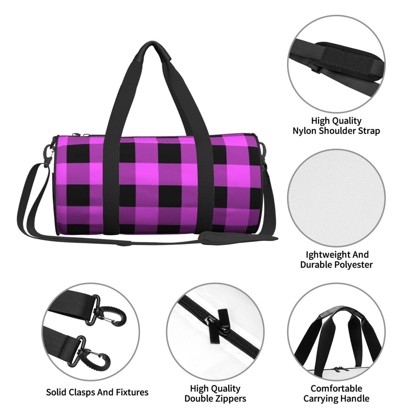 Vsdgher Purple Black Buffalo Plaid 45L Foldable Duffel Bag, Sports Gym Bag,Overnight Bag, Portable Weekender Bag for Airplanes