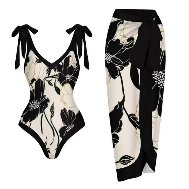TIMIFIS Maillot de Bain une Pièce pour Femmes avec Paréo Jupe de Plage Imprimé Floral Rétro Ensemble Bikini Deux Pièces