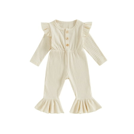 

Niceyoeuk Girl Fall Ribbed Romper Solid Color Long Sleeves Flare Jumpsuit