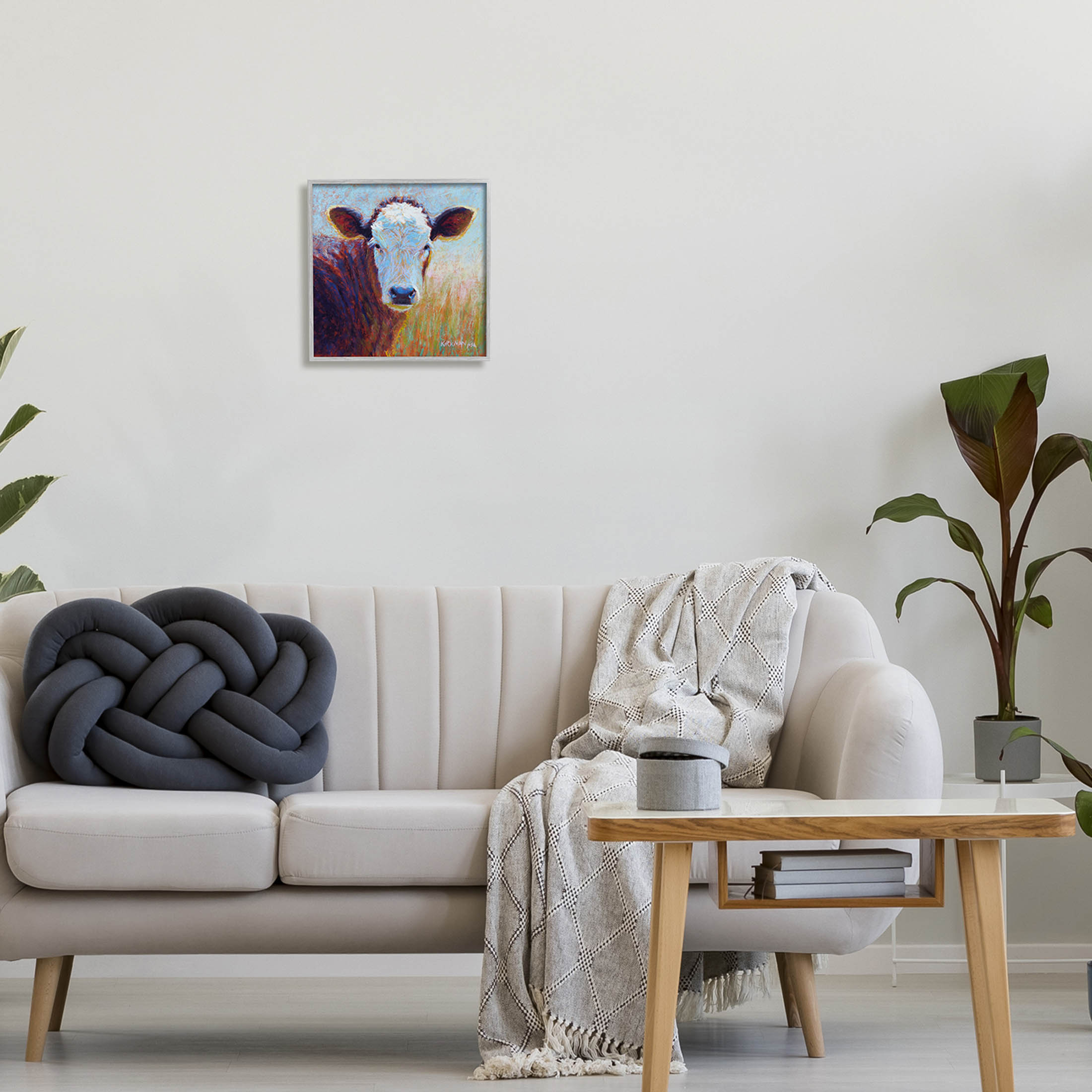 Country Cow Gazing Painting Animals & Insects Painting Gray Framed Art Print Wall Art
