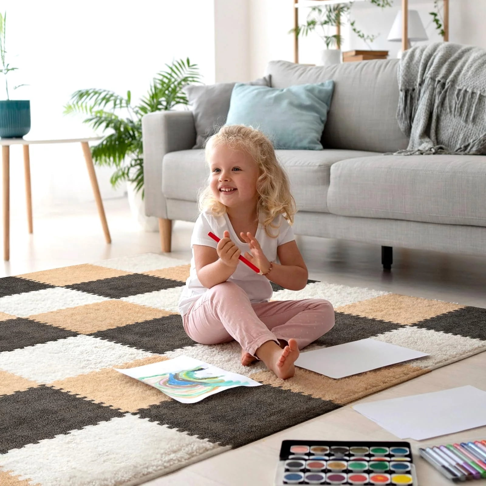 20Piece Carpet Squares Puzzle Mat 11.8" x 11.8" Plush Interlocking Carpet Tiles, Foam Floor Tiles for Baby Play Mat - Kids Soft Play Mats Anti Slip Jigsaw Flooring Playmat Playroom Rug