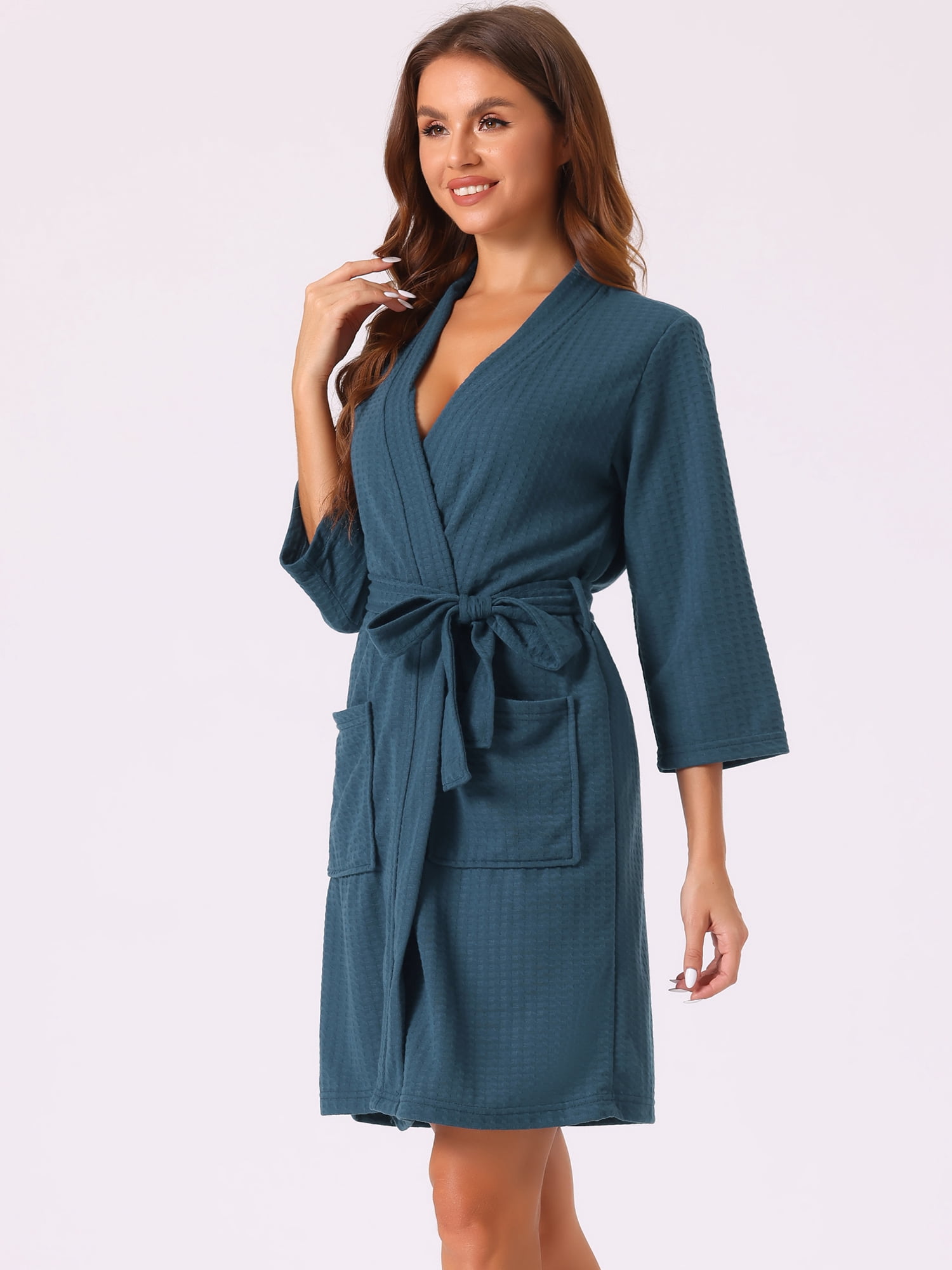 DARING DIVA Women's Waffle Bathrobe Soft Kimono Spa & Bath Mid-Length Robes S Navy Blue