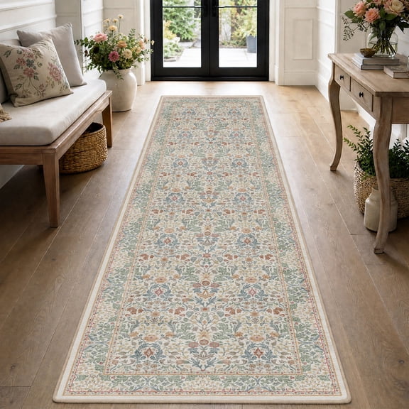 SIXHOME 2' x 6' Washable Runner Rug, Farmhouse Floral Non-Slip Carpet, Soft Botanical Indoor Rug for Hallway, Bedroom, Bedside, Laundry Room & Kitchen, Classic Beige