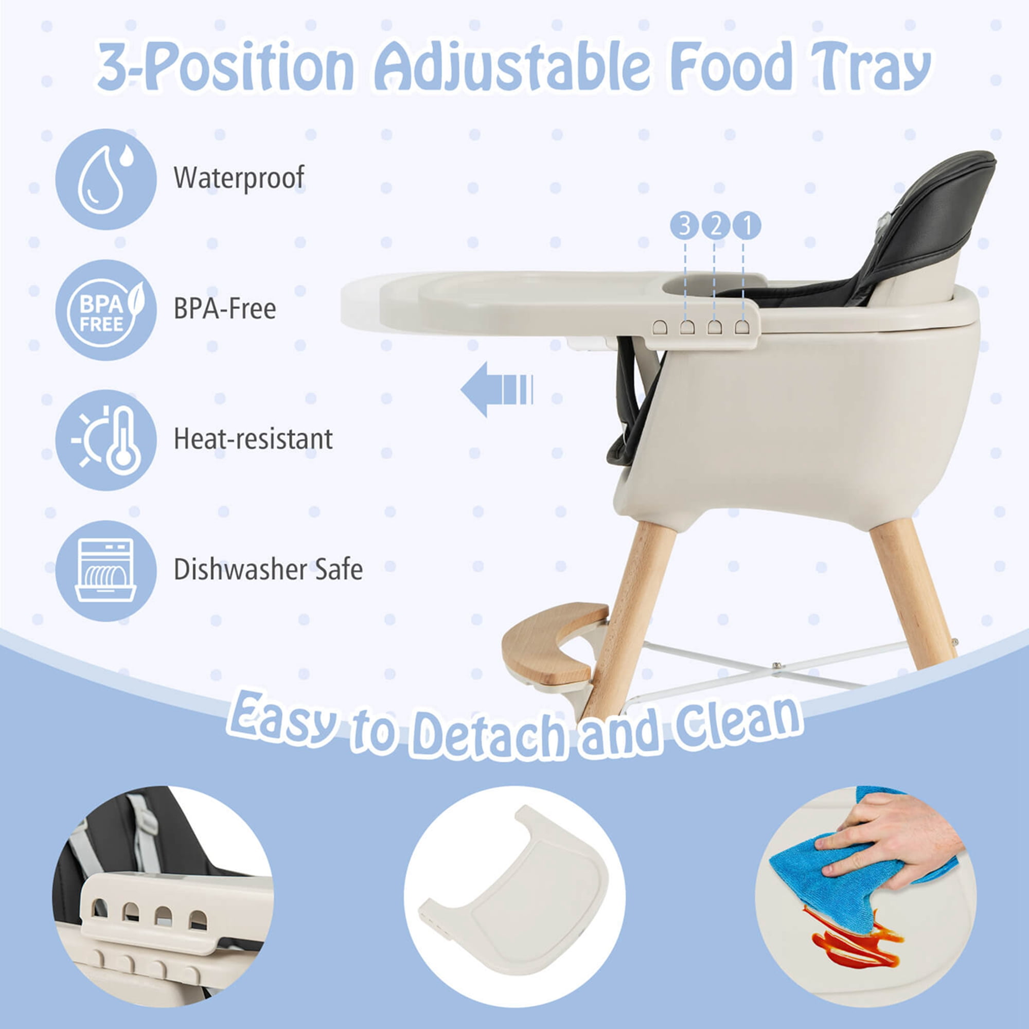Babyjoy 3 in 1 Convertible Wooden High Chair Toddler Feeding Chair with Cushion Black