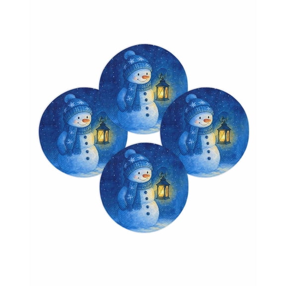 Christmas Round Placemats Set of 4 Blue Snowman Place Mats Washable Woven Placemat Light Snowflake Sky Night Circle Braided Table Mat for Kitchen Dining Table Party Home Decor 15 Inch