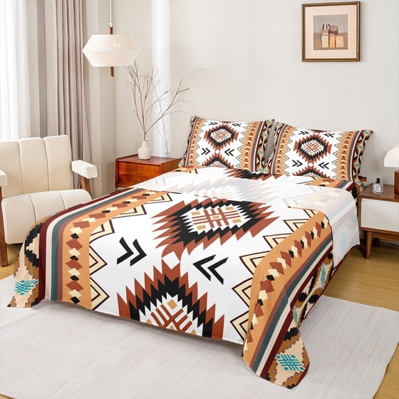 jejeloiu Southwestern Aztec Bed Sheets,Tribal Print Full Size Sheets For Boys,Brown White,4pcs,1 Flat Sheet, 1 Fitted Sheet and 2 Pillowcases