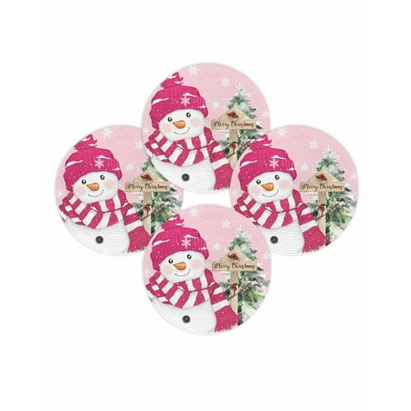 Christmas Round Placemats Set of 4 Pink Snowman Place Mats Washable Woven Placemat Berry Pine Tree Winter Snowflake Circle Braided Table Mat for Kitchen Dining Table Party Home Decor 15 Inch