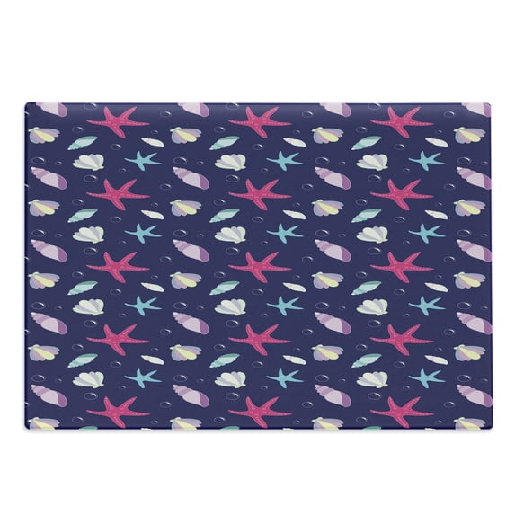 Navy and Blush Cutting Board, Nautical Marine Pattern with Shells Starfishes and Bubbles Aquatic Wildlife, Decorative Tempered Glass Cutting and Serving Board, Large Size, Multicolor, by Ambesonne