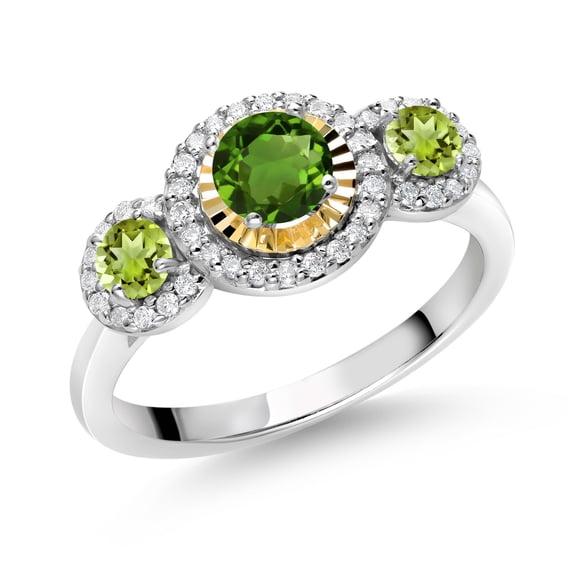 Gem Stone King 0.70 Ct Round Green Tourmaline Green Peridot 925 Silver and 10K Yellow Gold 3 Stone Women's Lab Grown Diamond Ring (Size 9)