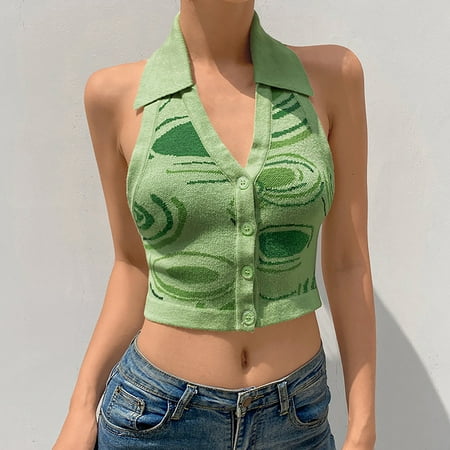 

Fashion Pattern Contrast Color Halter Neck V-neck Halter Cardigan Camisole