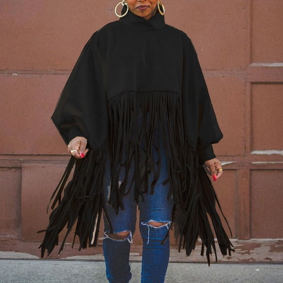 Special Offers Juebong Women's Turtleneck Lantern Sleeves Tassel Cape Top Fashion Solid Color Cloak Fringes Coat Tops