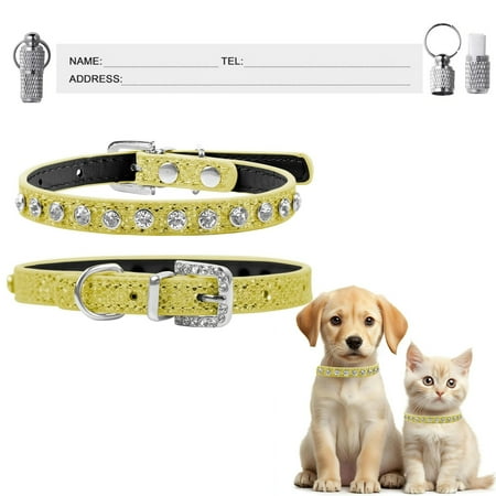 Newborn Rhinestone Cat Collars Adjustable Kitten Puppy Bling Collar PU Leather Glitter Crystal Diamond with 1 Id Tag Yellow Medium Size