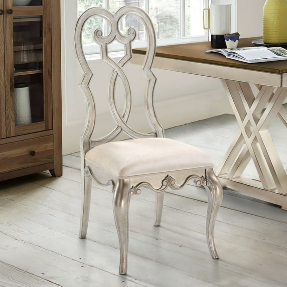 2 & Antique Champagne Side Chairs, Delicate Queen Back Design, Comfortable Foam Padding, Ornate Wooden Scrolling, Dining Room Chair 2pcs Padded For Comfort, Intricate Wood Scroll Details,