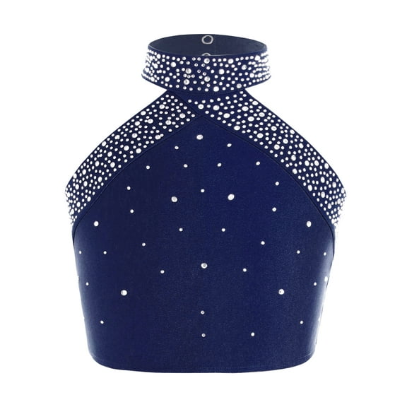 TSSOE Kids Girls Sparkly Halter Neck Hip Hop Jazz Latin Belly Ballet Dance Crop Tank Top Vest Bra Shirts Dancewear Navy Blue 10