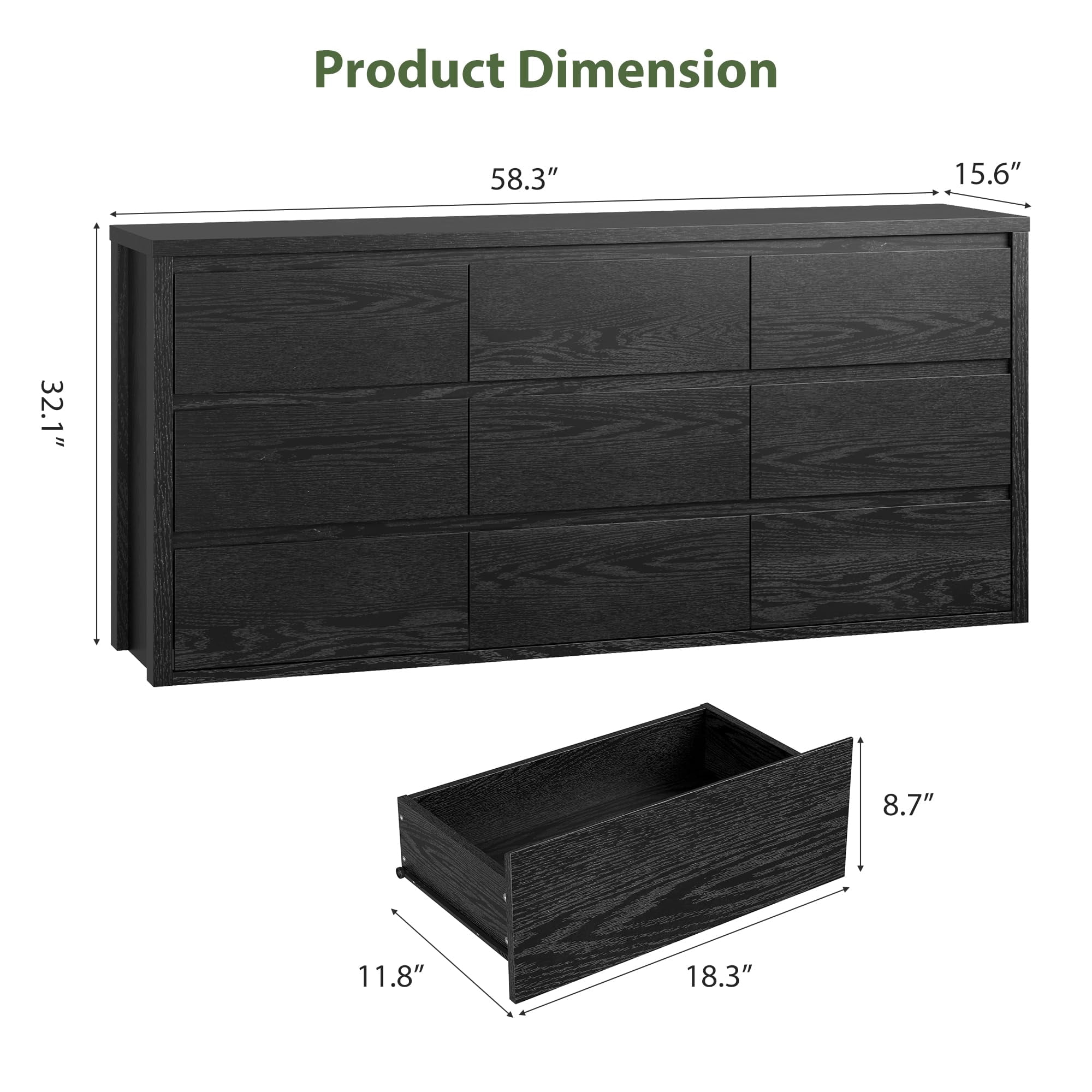 9 Drawer Dresser for Bedroom, Wide Chest of Drawers with Handleless Design, Large Wood Storage Organizer for Living Room Hallway Entryway, Modern Black