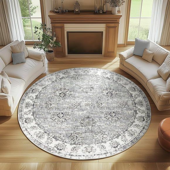 Alfombra Circular Vintage Floral Jinchan de 2.1 m Gris