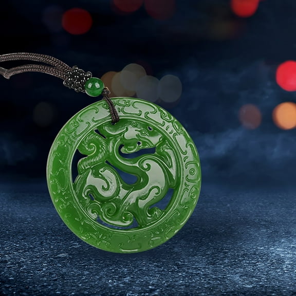 Teissuly Green Jade Pendant Medal Dragon Hollow Carving Jade Pendant Medal Dragon Hollow