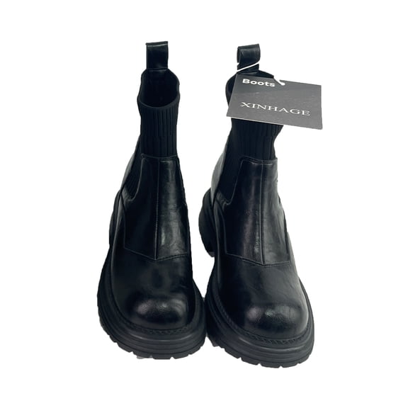 Women Combat Boots Ankle Booties Platform Mid Calf Boots Ladies Chunky Heel Round Toe Slip on Booties