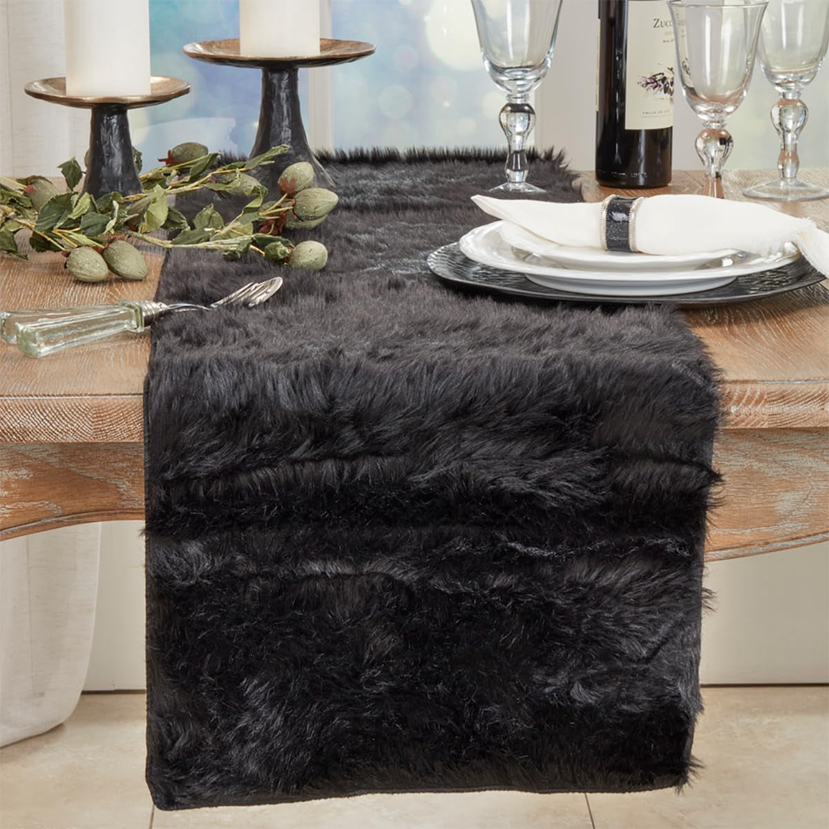 Fennco Styles Juneau Black Faux Fur Table Runner 15"W X 54"L - Solid Color Soft Plush Table Cover for Home, Dining Room, Banquets, Holiday and Special Occasion