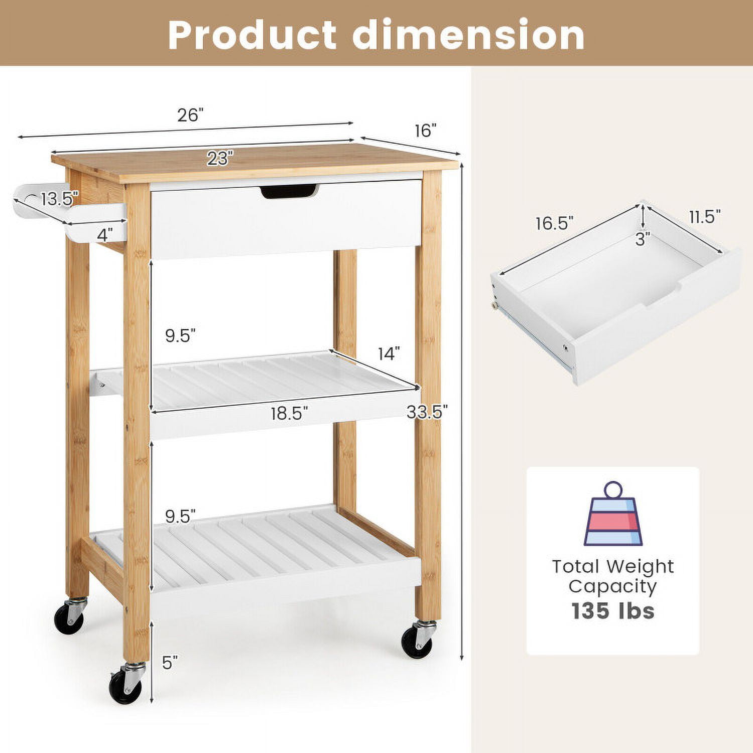 Finihen Rolling Cart, Kitchen Island Cart, 3-Tier Kitchen Island Cart Rolling Service Trolley with Bamboo Top, for Kitchen, Dining Room, Natural Finihen Rolling Cart, Kitchen Island Cart, 3-Tier Kitchen Island Cart Rolling Service Trolley with Bamboo Top, for Kitchen, Dining Room, Natural
