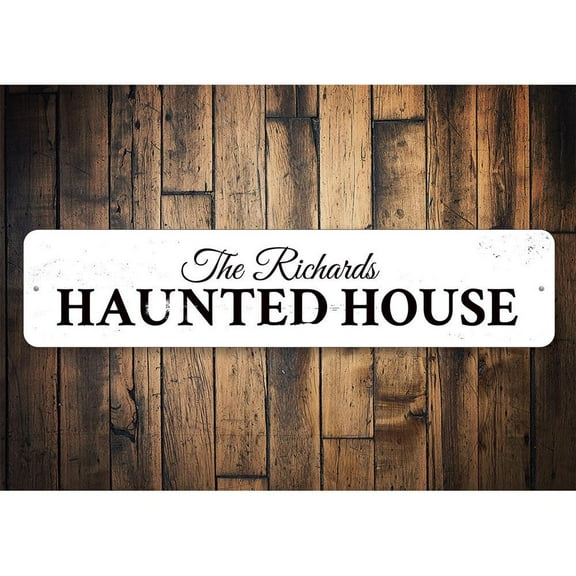 Family Haunted House Novelty Sign, Metal Wall Decor - 4x18 inches