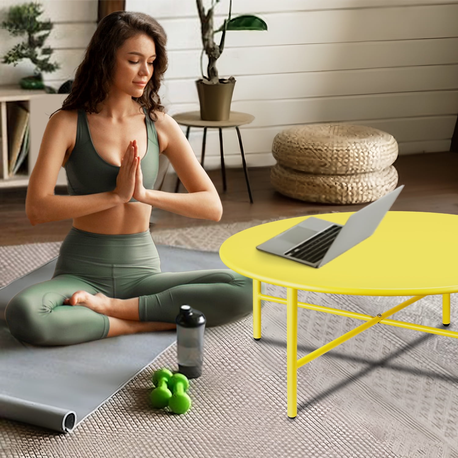 CERBIOR Patio Round Steel Coffee Table, Weather Resistant Anti-Rust and Waterproof Indoor and Outdoor Large Side Table, for Garden Living Room Bedroom Balcony（Lemon Yellow）