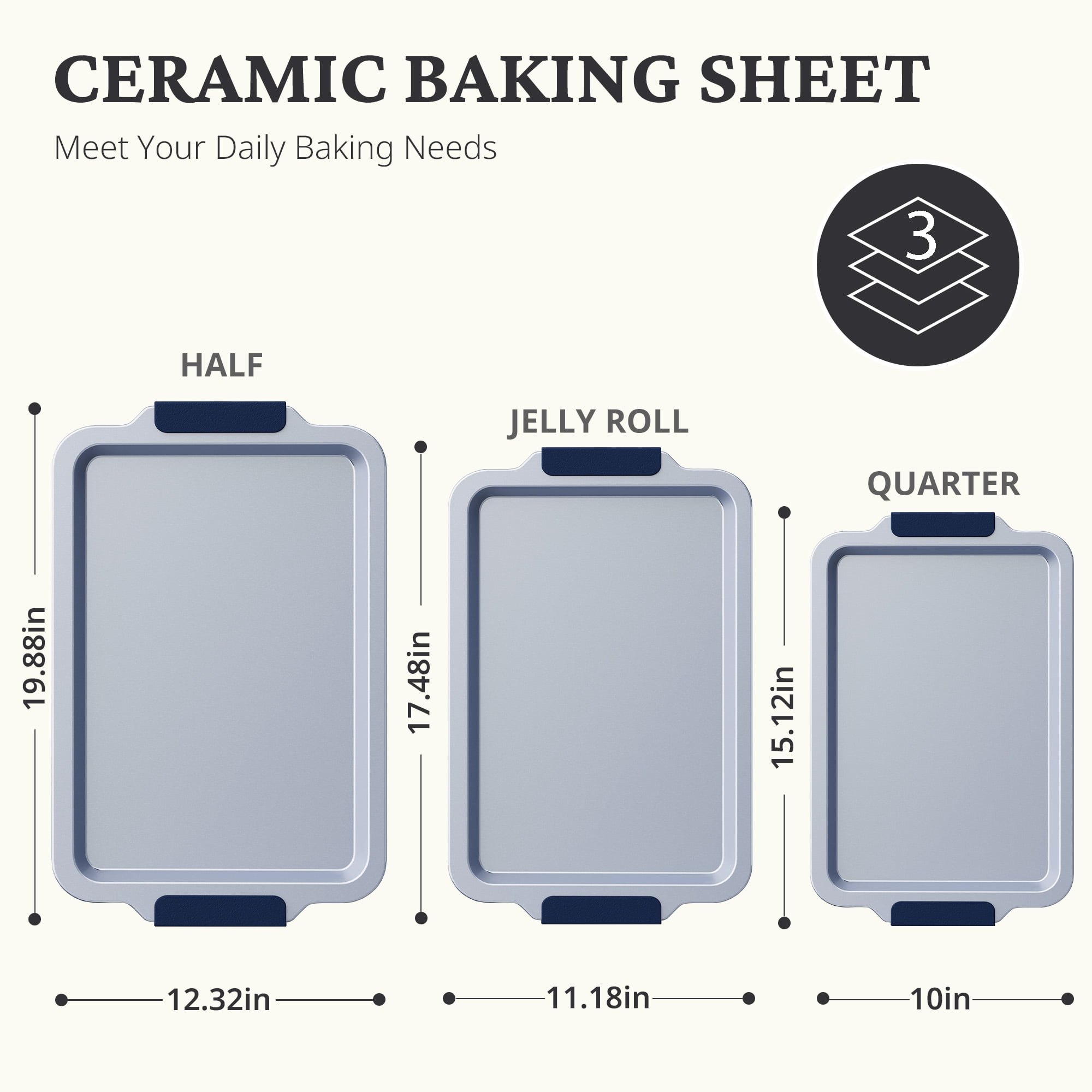 HONGBAKE Non Toxic Ceramic Cookie Sheets for Baking, 3-piece Non Stick Baking Sheet Pans for Oven, Heavy Duty Aluminized Steel Baking Pans Set with Silicone Handles -Navy