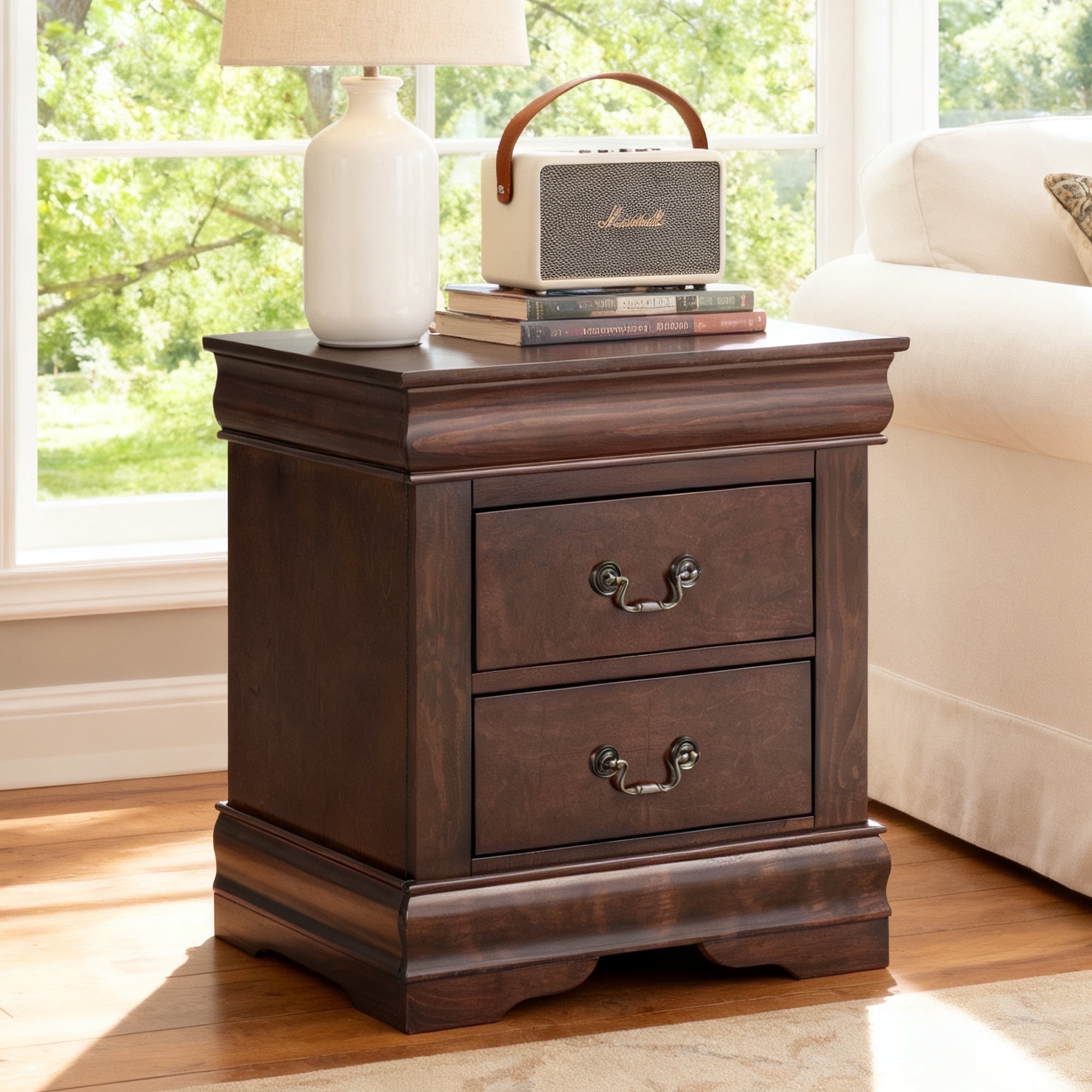 Leovanni Solid Wood Nightstand Set of 2, End Table with Drawers and Metal Handles, No Assembly Required, For Bedroom, Living Room, Adult, Cherry