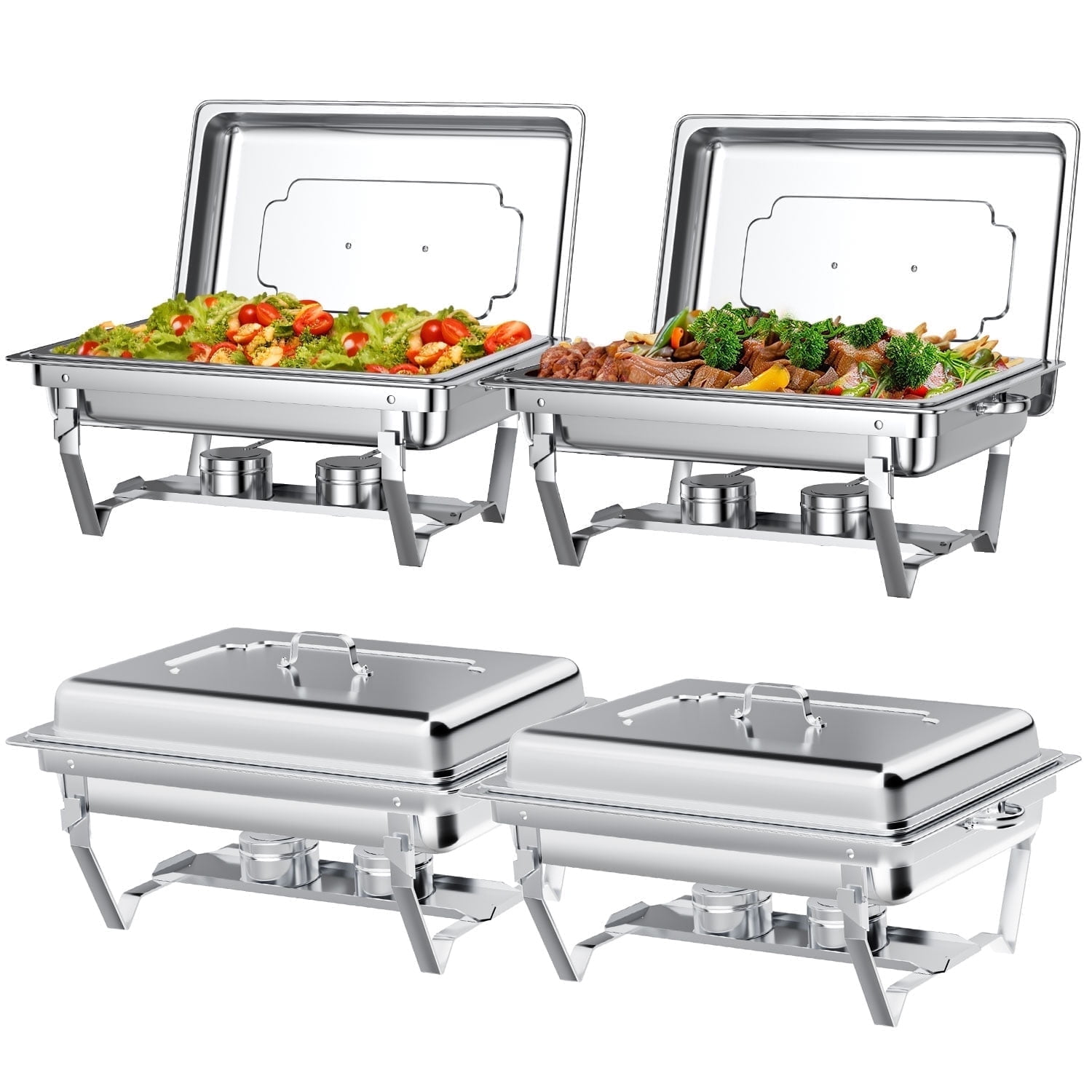 TINANA 4 Pack Chafing Dishes Buffet Set, Full-Size Buffet Servers with Lids, Stainless Steel Food Warmers with 4 Fuel Holders, Silver
