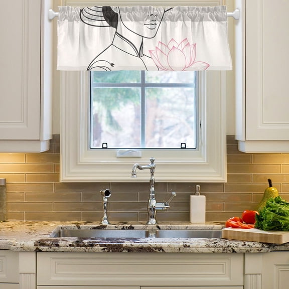 Woman with Lotues Curtain Valances Farmhouse Design Window Treatment Decor Blackout Rod Pocket for Windows Living Room Kitchen 54" x 18"