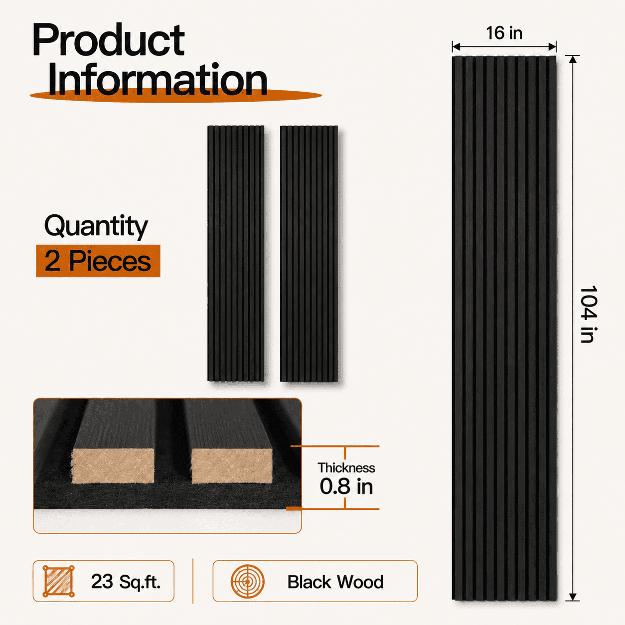 2-Pack 16" x 104" Wood Slat Acoustic Wall Panels, 23 Sq. Ft. Coverage, Black Wood Finish for Interior Walls and Ceilings