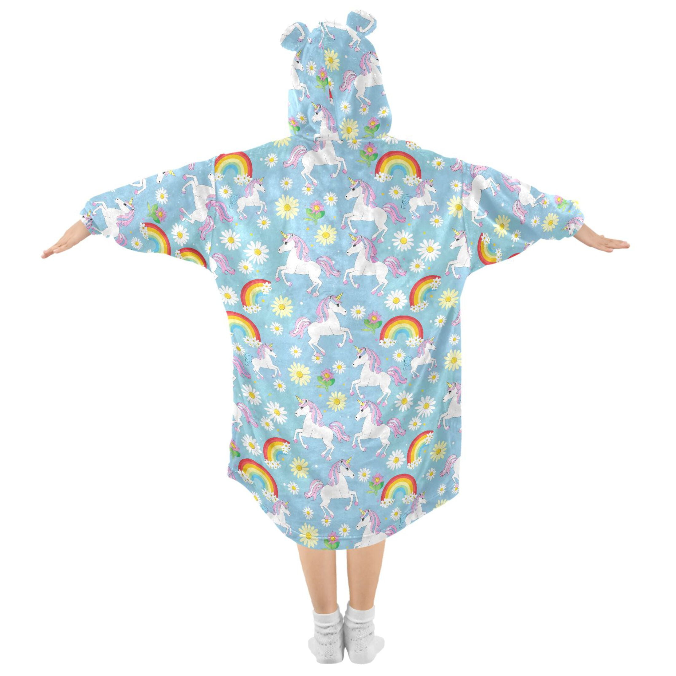 Wearable Blanket Hoodie for Kids Rainbow White Unicorn Flower Flannel Hooded Blanket with Pockets and Sleeves Suitable for Boys and Girls