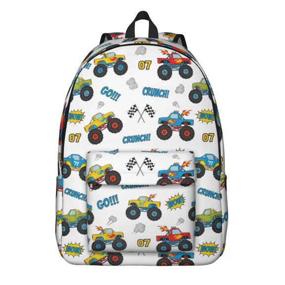 Monster Cartoon Truck White Pattern Backpack for School, Cute School Bag with Adjustable Shoulder Straps and Padded Back, 15.7"x11.8"x5.5"