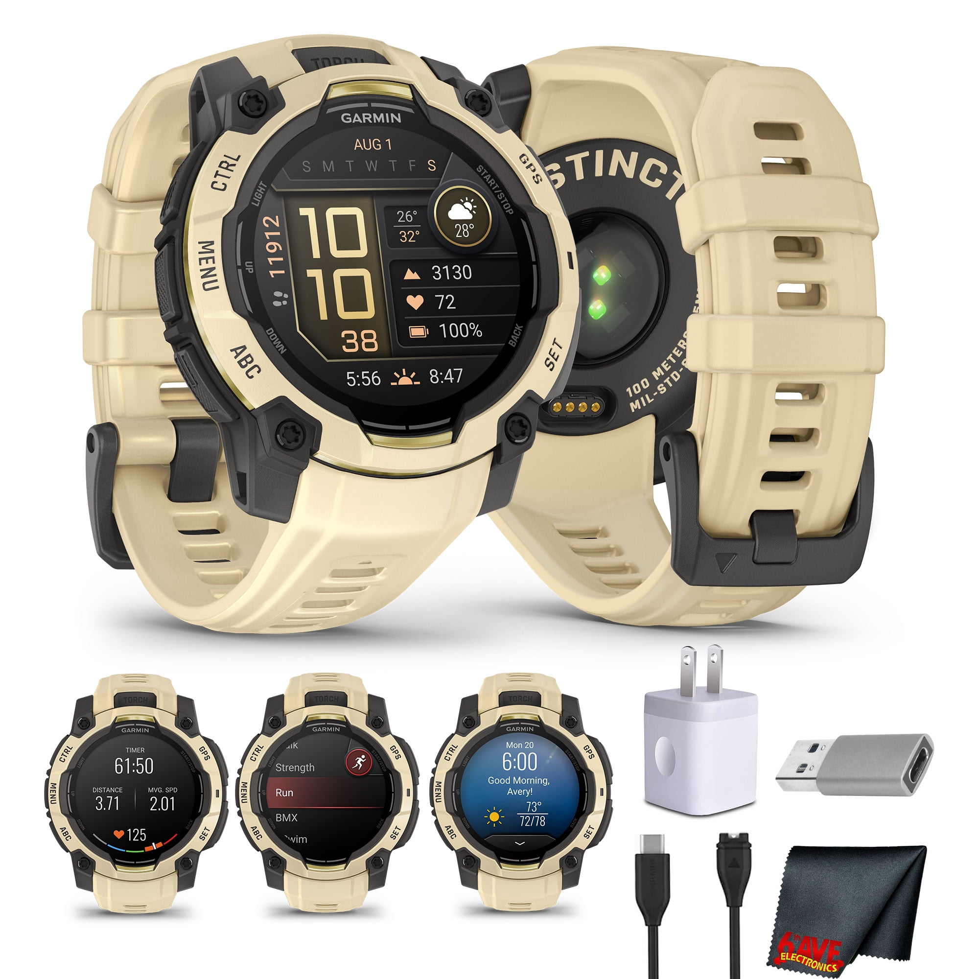 Garmin Instinct 3 - 45 mm, AMOLED Display, 18 Day Battery, Rugged Outdoor GPS Smartwatch, Built-in Flashlight, Alpine Rush Collection Limited Edition Color, Citrine with Citrine Band Bundle
