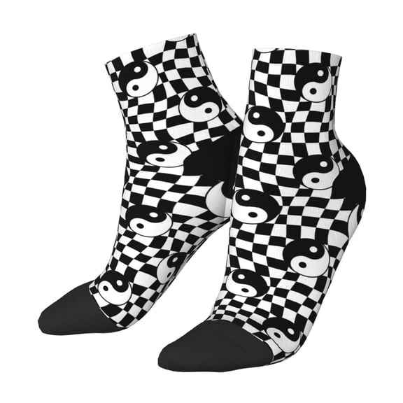 Uemuo Ying Yang Checkered Printed Crew Socks, Moisture-Wicking Socks, Athletic Socks for Men Breathable Cushion Socks Casual Sport Socks for Running Traveling