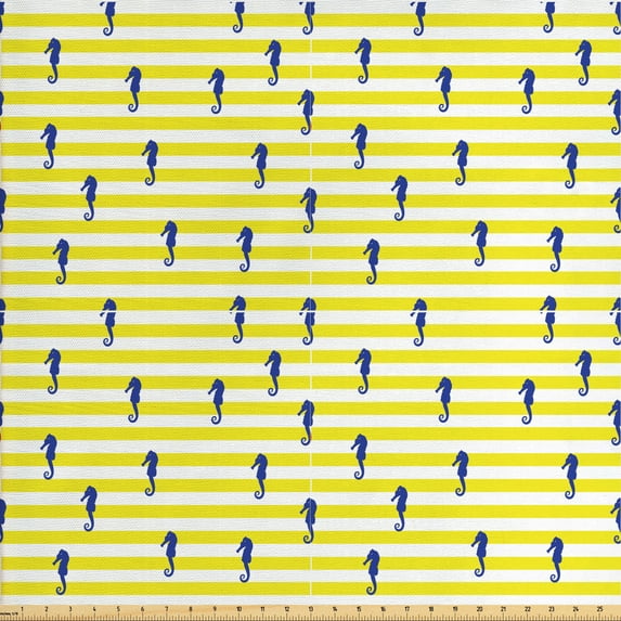 Seahorse Sofa Upholstery Fabric by the Yard, Seahorse Silhouette Pattern on Striped Backdrop Summer Print, Decorative Fabric for DIY Home Accents, 10 Yards, Dark Violet Yellow White by Ambesonne