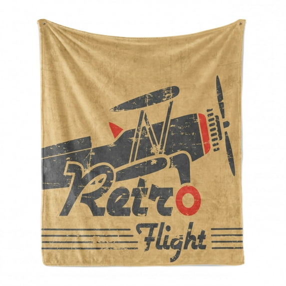 Vintage Airplane Soft Flannel Fleece Throw Blanket, Retro Flight Emblem with Old Plane Stripes Grunge Style, Cozy Plush for Indoor and Outdoor Use, 50" x 60", Sand Brown Vermilion, by Ambesonne