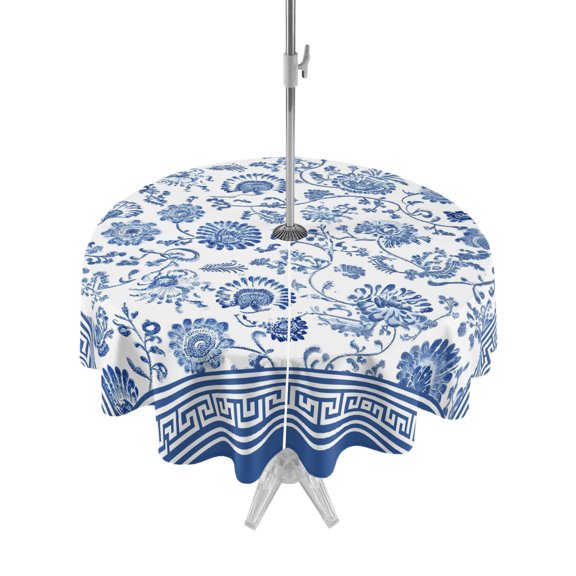 Outdoor Tablecloths with Umbrella Hole & Zipper, Blue Floral Round Tablecloth 54 Inch, Vintage Flowers Botanical Farmhouse Greek Key Waterproof Table Cloth, Patio/Pool/Picnic Table Covers