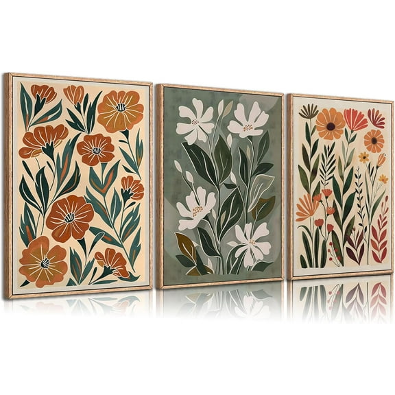 3pcs Abstract Boho Floral Canvas Wall Art Green Beige Flower Market Wall Decor Pictures Minimalist Colorful Botanica Posters Prints For Living Room Bedroom Office Home Decoration